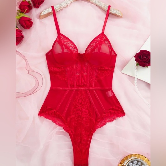 Intimates & Sleepwear Elegant Red Lace Bodysuit Red Sexy Lace Mesh — free download